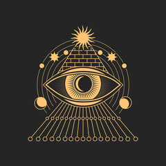 Tarot magic symbol, prediction eye ethnic amulet. Vector tattoo eye with egyptian pyramid, moon and star, occultism vision sign, tribal all seeing eye