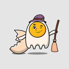 Cute cartoon witch shaped fried eggs character with hat and broomstick cute style illustration
