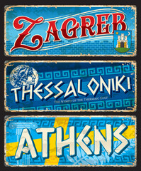 Zagreb, Athens, Thessaloniki city travel stickers and plates, vector tin signs. Croatia and Greece and capital cities tourism banners, Southeast Europe destination luggage tags and baggage stickers - obrazy, fototapety, plakaty