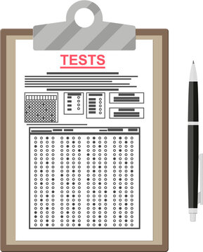 Clipboard with exam test answer sheet and pen
