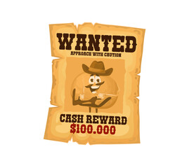Vintage western wanted poster, orange robber character. Isolated vector wild west criminal citrus fruit bandit with guns and cowboy hat. Cash reward paper parchment, outlaw personage banner