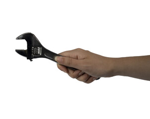 A wrench in the hand of a woman on a transparent background