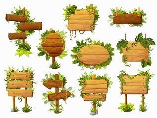 Cartoon wooden signs and boards with tropical jungle lianas, vector signboards. Wooden arrow and board signs in liana vines or thicket frames, entrance or direction wooden signboards in leaves - obrazy, fototapety, plakaty