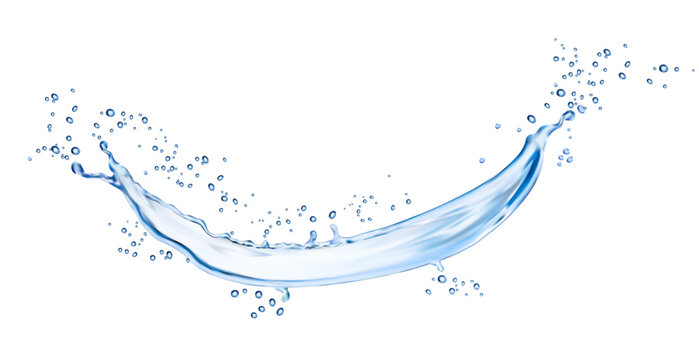 Isolated blue water wave, splash flow with drops, vector realistic water spill. Long wave of splashing water with drop splatters, pure clean blue pure aqua in spilling pour and splashing droplets