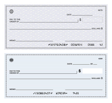 Blank bank check, checkbook cheque template or payment voucher, vector mockup. Bank pay check or money bill for dollar cash payout, paycheck certificate template with with guilloche pattern
