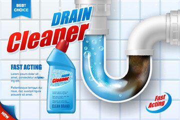 Pipe drain cleaner vector poster. Detergent bottle near clogged basin siphon on bathroom tiles background. Realistic 3d cleanser package promo mockup for pipe drain cleaner advertising design