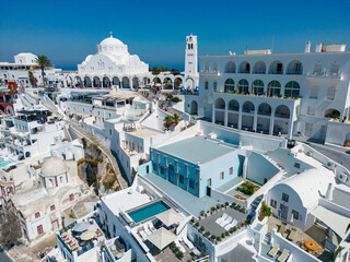 Santorini Aerial View. Picturesque Fira City. Traditional Architecture. White Houses. Greece, Europe.