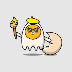 Cute cartoon character Fried eggs painter with hat and a brush to draw in cute design style design 