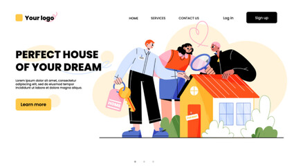 Perfect house of your dream landing page. Real estate property research concept. Agent with keys show cottage to couple with magnifier. People choose home, mortgage, Line art flat vector web banner