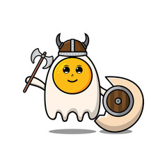 Cute cartoon character Fried eggs viking pirate with hat and holding ax and shield 