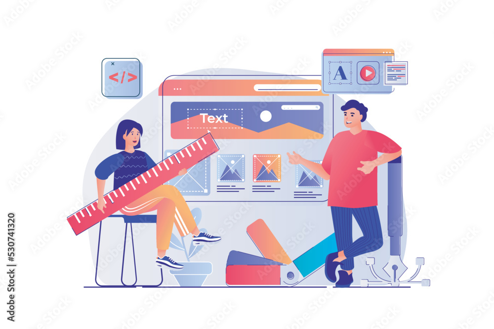 Poster Web design concept with people scene. Man and woman designers creating site layout and place graphic elements and navigation buttons. Vector illustration with characters in flat design for web