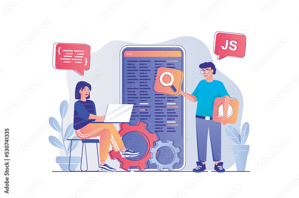 Leinwandbilder App development concept with people scene. Man and woman designers creating interface layout of mobile application, programming and coding. Vector illustration with characters in flat design for web