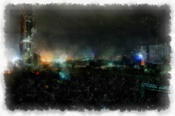 night landscape of city watercolor style illustration impressionist painting.