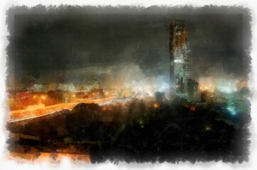 night landscape of city watercolor style illustration impressionist painting.