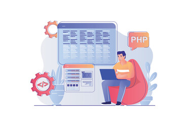 Programmer working concept with people scene. Man programming at computer, creates software, coding at laptop, testing and fixing bugs. Vector illustration with characters in flat design for web