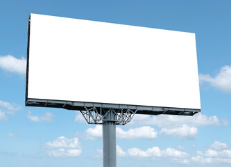 Outdoor pole billboard with mock up white screen on blue sky background with clipping path