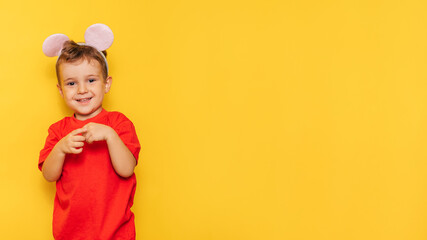 Studio portrait of a Caucasian boy in a mouse costume on a bright yellow background, with a place for your text or advertising