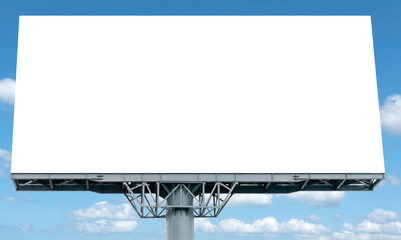 Outdoor pole billboard with mock up white screen on blue sky background with clipping path