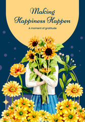 Poster template with happiness happen day concept,watercolor style