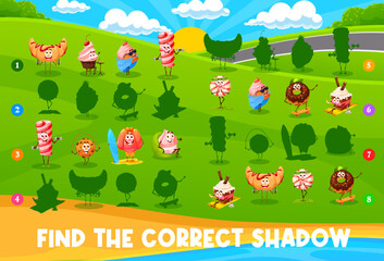 Obraz na płótnie Canvas Found the correct shadow. Cartoon funny desserts, sweets, cookie and cake characters on silhouette compare puzzle or quiz vector worksheet. Shadow match kids game with croissant, jelly and cake, donut