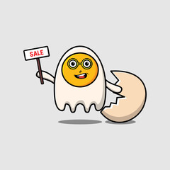 Cute cartoon fried eggs character holding sale sign designs in concept flat cartoon style