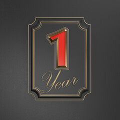 Red inscription  one year (1 year) with gold edges on a dark background with gold edging