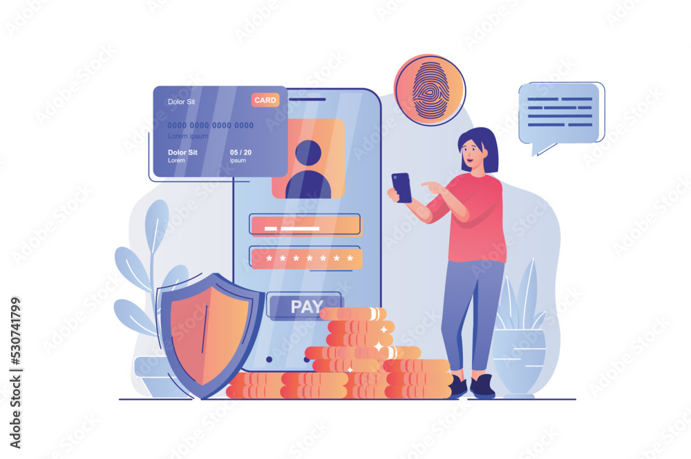 Poster secure payment concept with people scene. woman accesses application using password and fingerprint 