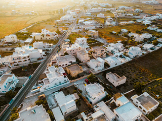 Santorini Aerial View. Picturesque Santorini Island Sunrise near Perissa. Greece, Europe. 
