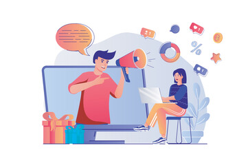 Digital marketing concept with people scene. Man with megaphone makes ad campaign online, creates content, publishes posts, attracts users. Vector illustration with characters in flat design for web