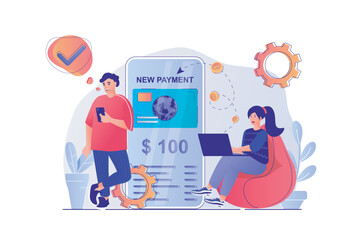 Online payment concept with people scene. Man and woman paying purchases with credit card in online banking, making financial transactions. Vector illustration with characters in flat design for web