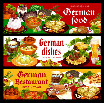German food cuisine dishes and restaurant meals, vector lunch and dinner banners. German cuisine schnitzel and curry wurst sausages, meat cutlet and meatballs with cauliflower soup, pancakes and beer