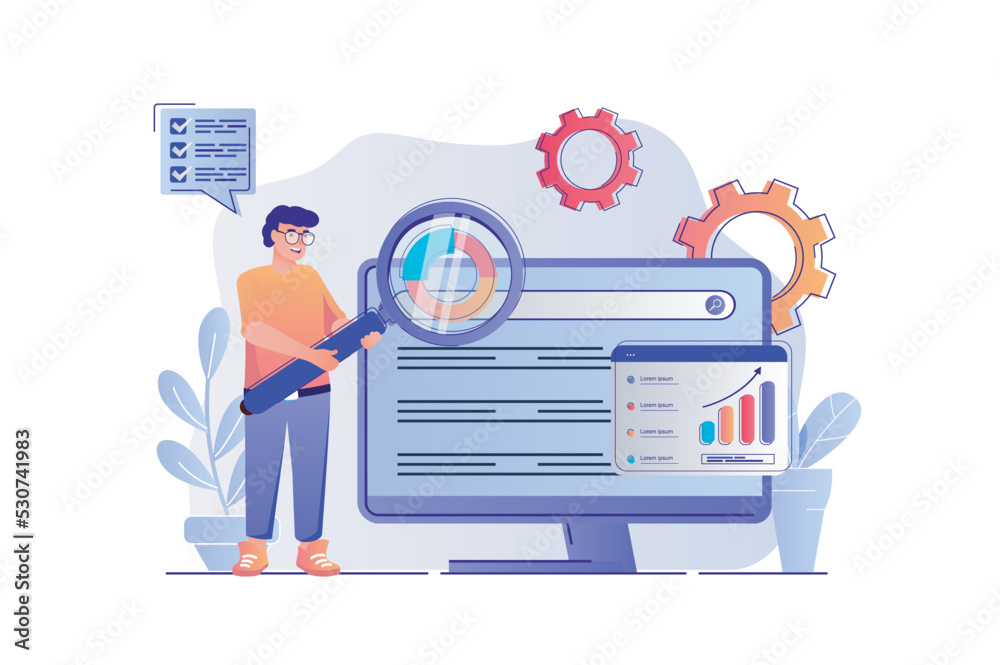 Poster seo analysis concept with people scene. man settings site for search engines, analyzes statistics of