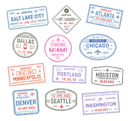 Passport travel stamps, USA airport visa arrival to american cities, vector. International USA travel stamps of Chicago, Houston and Washington, Seattle and Miami, Denver, Dallas, Atlanta and Portland - obrazy, fototapety, plakaty