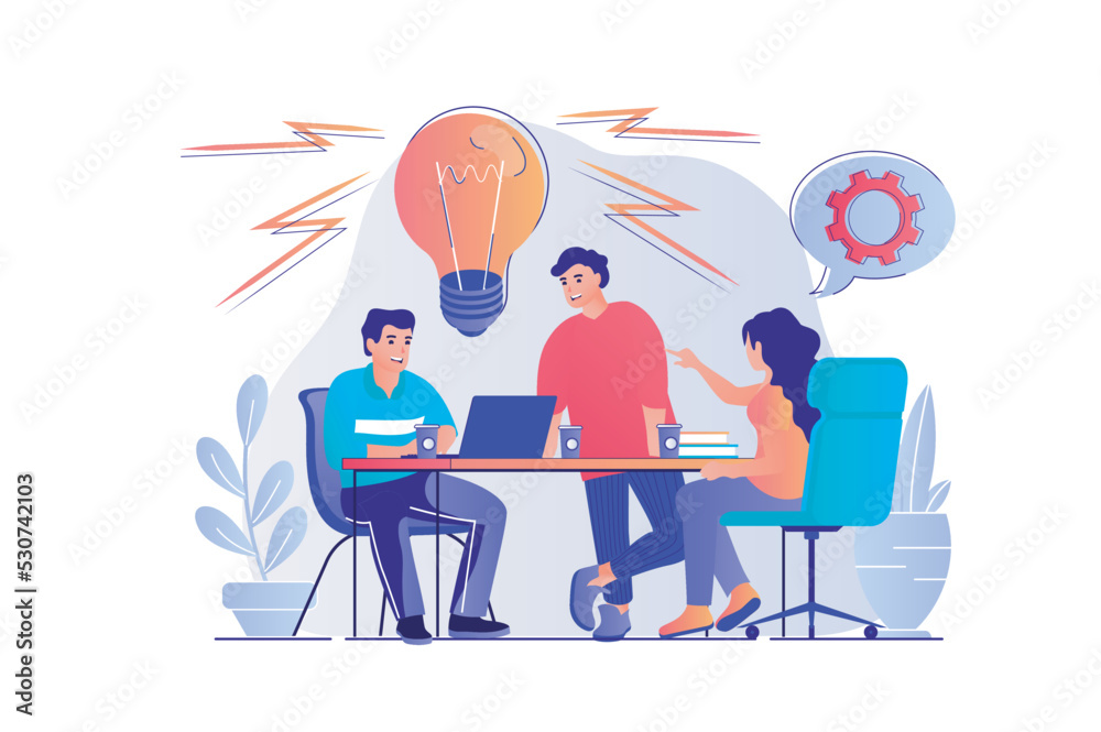 Poster brainstorming concept with people scene. woman and man colleagues discuss work tasks, generate new i