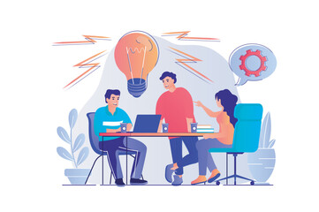Brainstorming concept with people scene. Woman and man colleagues discuss work tasks, generate new ideas, developing strategy at conference. Vector illustration with characters in flat design for web