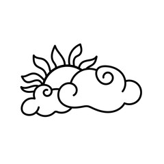Clouds with the sun, drawn elements in a doodle style. Nature phenomenon. Clear. weather. Sun with rays. Little curly clouds. Cute vector illustration.