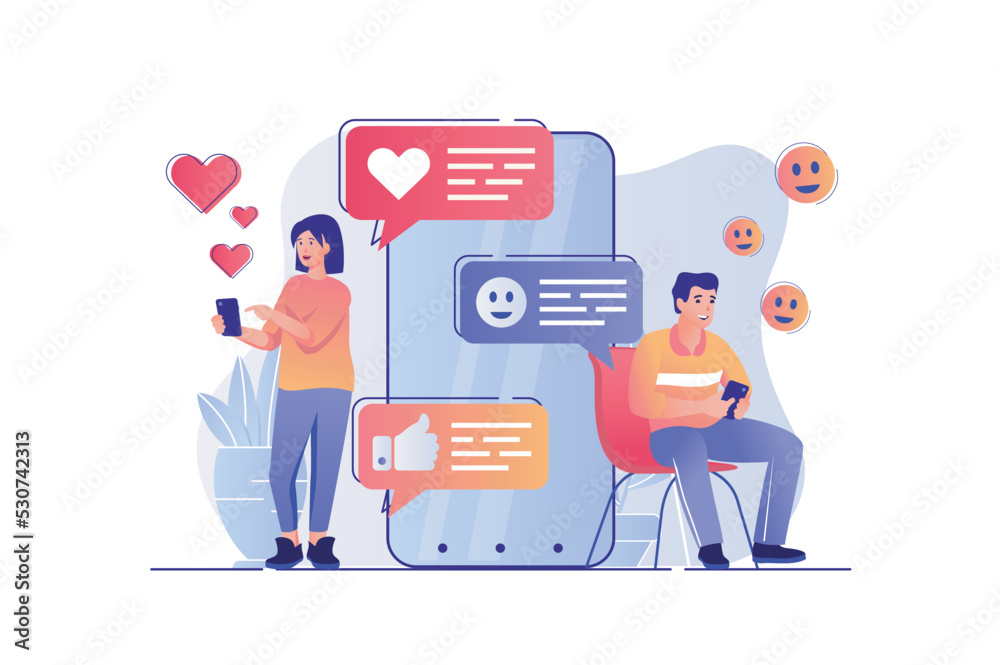 Poster social network concept with people scene. woman and man writing messages, chatting, dating, browsing