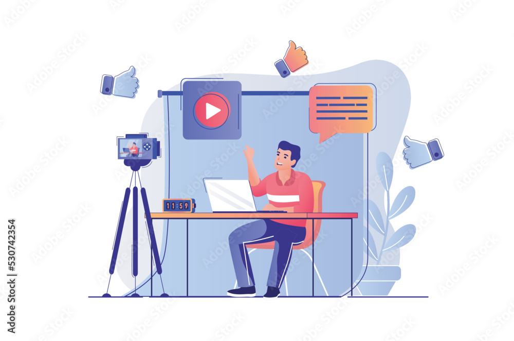 Poster blogging concept with people scene. man blogger recording new video at camera, writes posts in blog 
