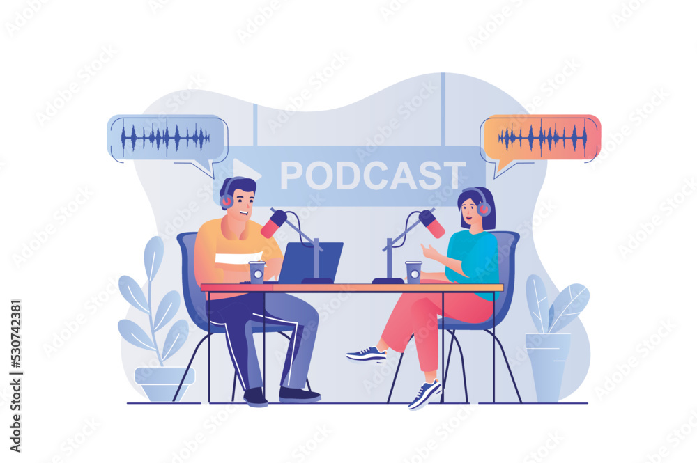 Leinwandbilder podcast streaming concept with people scene. woman and man speaking into microphone and broadcasting