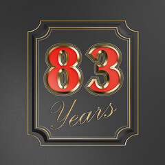 Red inscription  eighty-three years (83 years) with gold edges on a dark background with gold edging