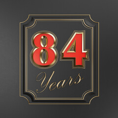 Red inscription  eighty-four years (84 years) with gold edges on a dark background with gold edging