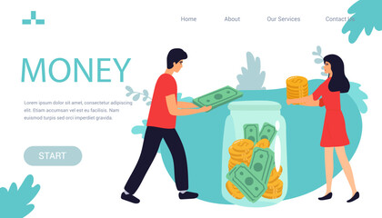 Landing pace. banner Family couple saving money. Man and woman inserting cash into glass jar. Vector illustration for finance, deposit, economy, investment, banking, concept.