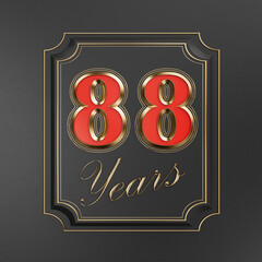 Red inscription  eighty-eight years (88 years) with gold edges on a dark background with gold edging