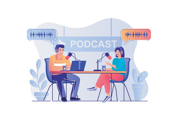 Podcast streaming concept with people scene. Woman and man speaking into microphone and broadcasting live at studio. Host talking with guest. Vector illustration with characters in flat design for web