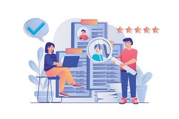 Obraz na płótnie Canvas Recruitment agency concept with people scene. Woman and man headhunters looks at online resume for vacancy and choosing for candidates. Vector illustration with characters in flat design for web
