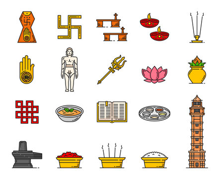 Jainism religion icons of Jain Dharma indian religious symbols. Vector Jain Prateek Chihna with color linear ahimsa and swastika, diya lamp, kalash pot and lotus, lingam, agama book, shrivatsa, paduka