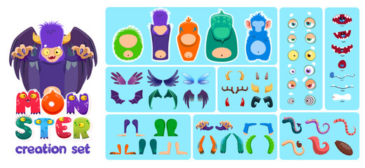 Monster creation kit. Cartoon monster character constructor. Vector bodies, eyes, mouths and arms, tails, horns and wings to cute alien, goblin, mutant funny creature, Halloween personage creation - obrazy, fototapety, plakaty