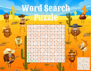 Word search puzzle game worksheet. Wild west nut sheriff, cowboys and bandits characters. Kids quiz vector game with peanut, pistachio, coconut and walnut, pecan and hazelnut, cashew and almond