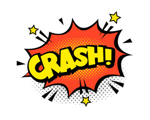 Crash comic word speech bubble icon  with cloud, stars, rays and halftone effect background. Pop art vector cartoon illustration in retro style. Design for comic book, poster, banner