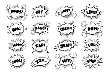 Сomic speech bubbles stickers with text, cloud, stars on white  background. Pop art vector cartoon illustration in retro style. Design for comic book, poster, banner, card © Nataliia